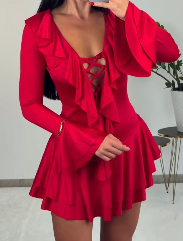 Temperament Slim Fit Ruffled Solid Color Speaker Long Sleeve Tied Dress