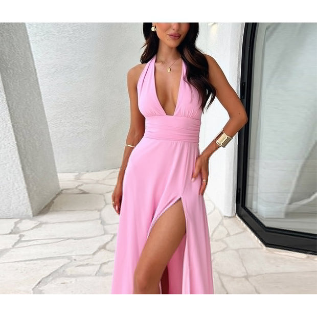 solid color sexy deep V backless  dress