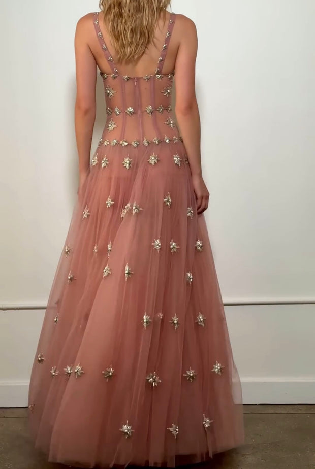 Sexy Sling Wrap Lace Metal Decoration Mesh Long Dress