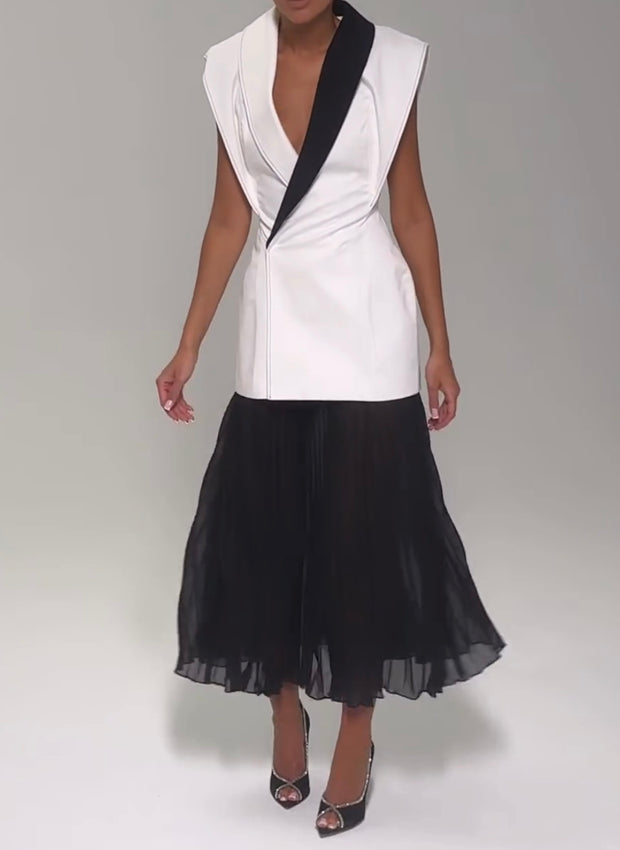 Elegant Double Breasted Waist Vest Top High Waist Mesh Long Dress Suit