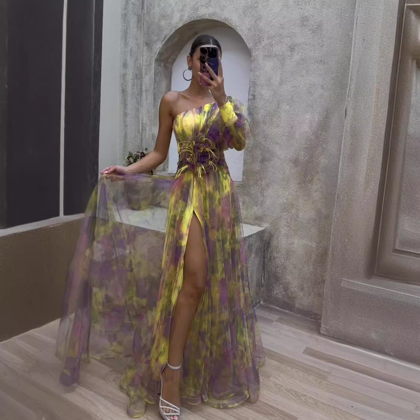 Sexy Oblique Shoulder One-Shoulder Long Sleeve Floral Yarn Dress