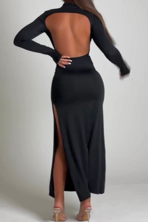 Long Sleeve Sexy Backless Solid Color Slim Temperament Dress