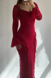 Fashion Sexy Lacing Side Slit Lace Slim-Fit Long-Sleeved Dress