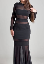 Elegant Slim Fit Mesh Stitching Long Sleeves Dress
