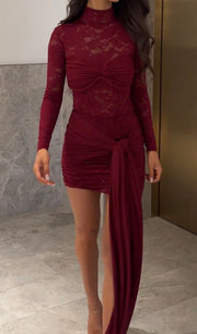 Lace See-through Sexy round Neck Long Sleeve Streamer Slim Fit Dress