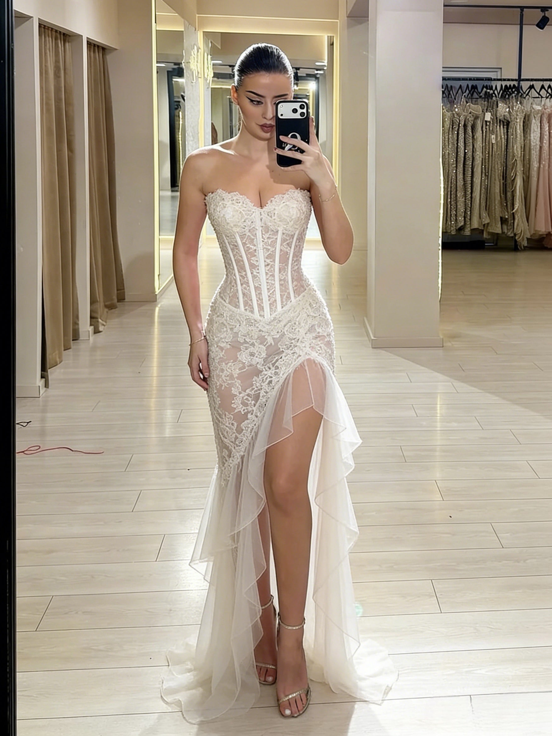 Women's Ivory Lace Corset Sheer High-Slit Mermaid Maxi Dress - Bridal Formal Evening Gown