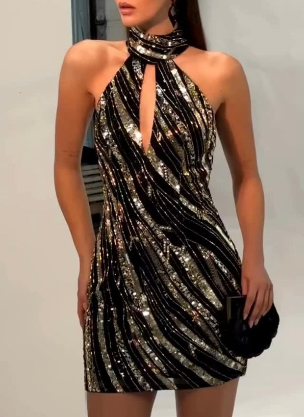 Halter Pile Collar Sequins High Sense Dress