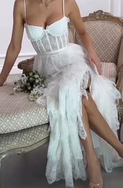 Sexy Spaghetti Straps Chest Wrap Fishbone Mesh Irregular Dress