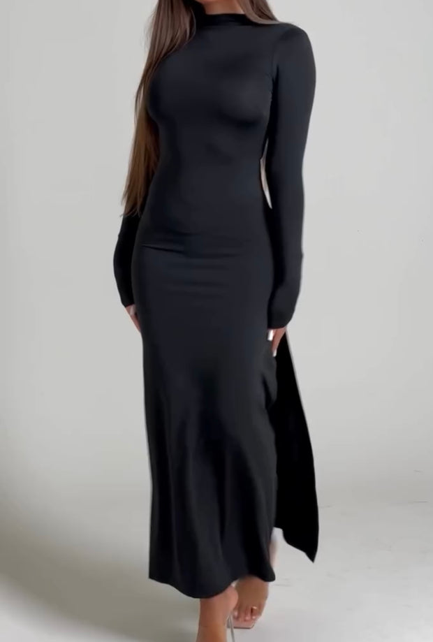 Long Sleeve Sexy Backless Solid Color Slim Temperament Dress