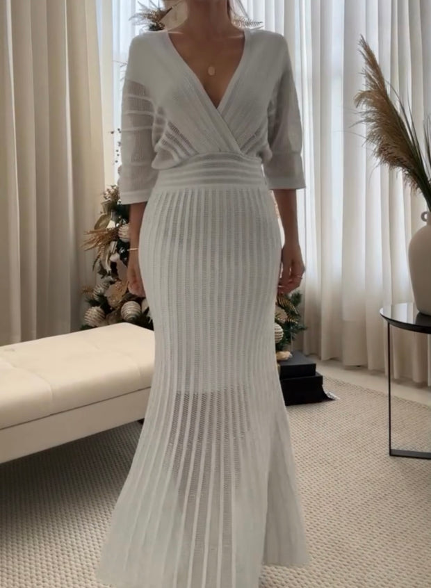 V-neck Long Sleeve Noble Dress Fishbone Pleated Dress