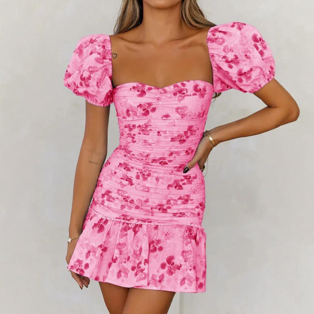 New Bell Sleeve Sexy Digital Printed Puff Sleeve Mid-Rise Short Dress