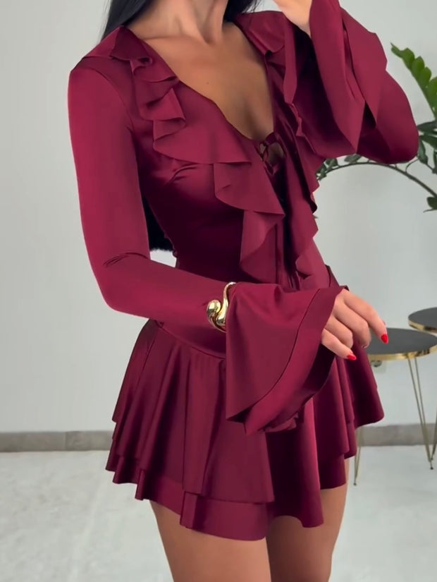 Temperament Slim Fit Ruffled Solid Color Speaker Long Sleeve Tied Dress