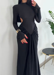 High Collar Wide Shoulder Stitching Mesh Backless Waist Pleated Long Dress
