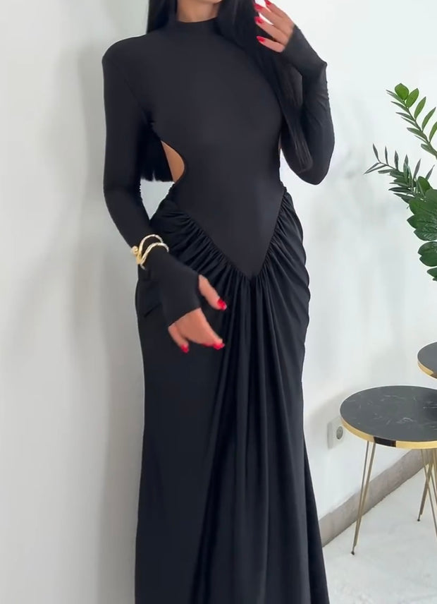 High Collar Wide Shoulder Stitching Mesh Backless Waist Pleated Long Dress