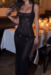 off-Shoulder Collar Pure Color Sequins Sexy Suspenders Slim Fit Dress