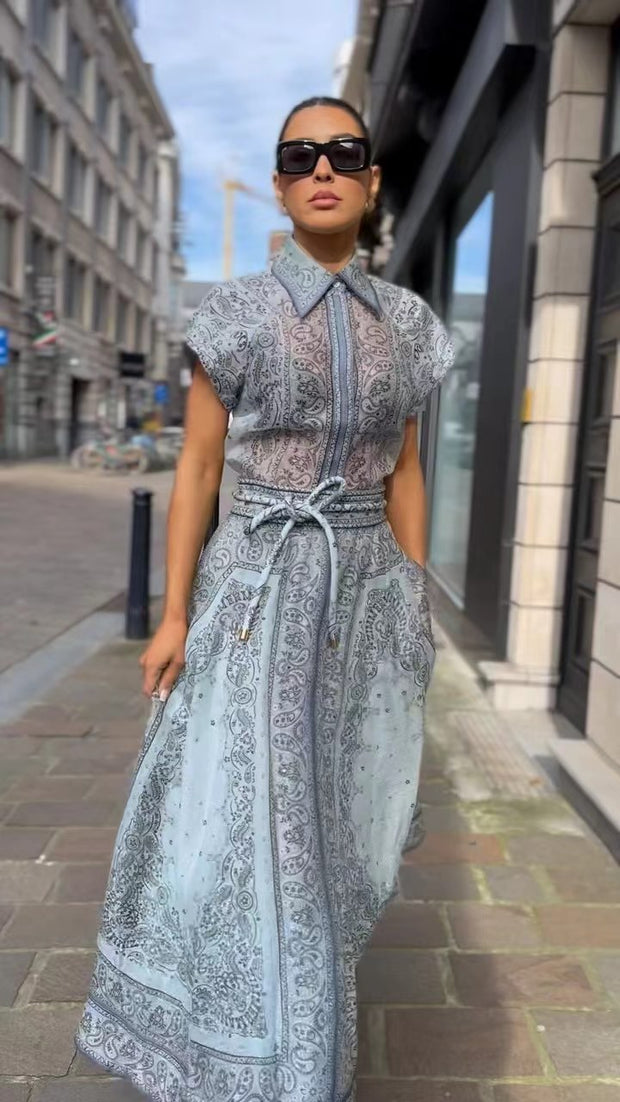 Two-Piece High-End Shirt Top Drawstring Long Skirt