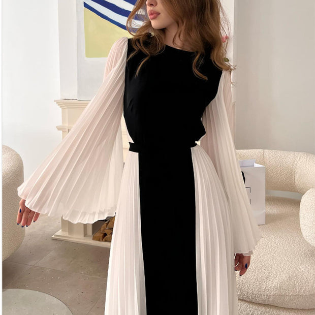 Sexy Women Clothing New round Neck Loose Long Sleeves Elegant Black and White Pleated Dress