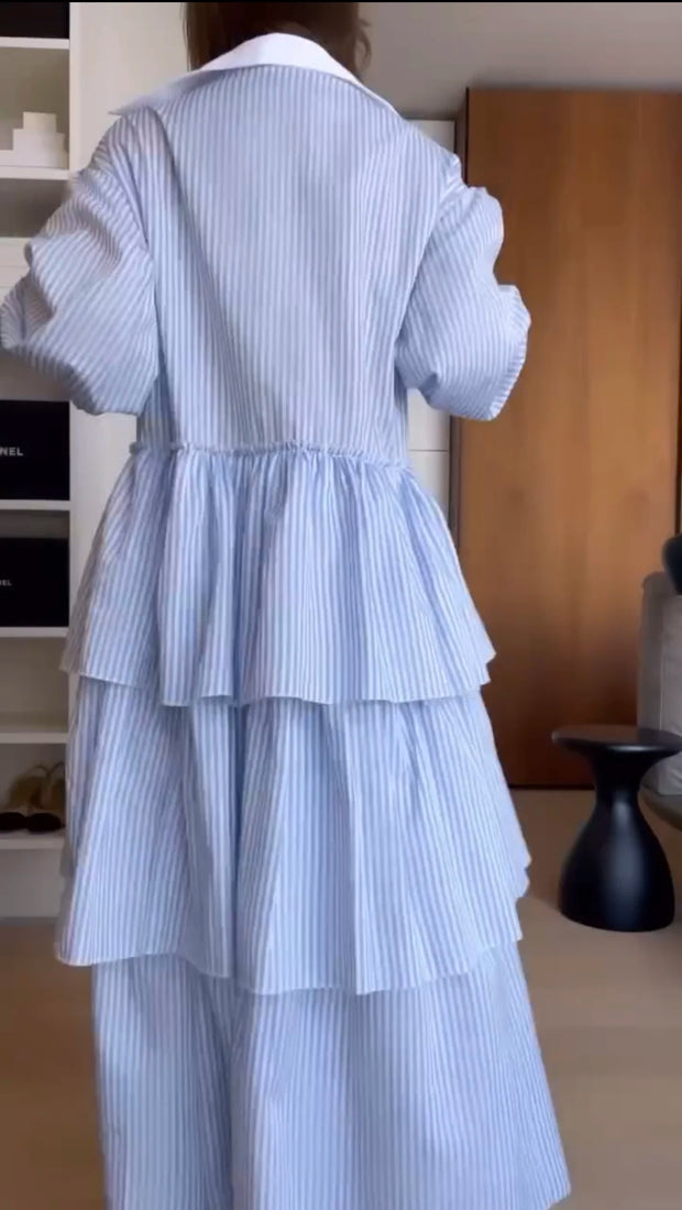 Fashion Polo Collar Striped Straps Overlapping Ruffles Dress