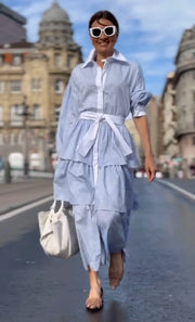 Fashion Polo Collar Striped Straps Overlapping Ruffles Dress