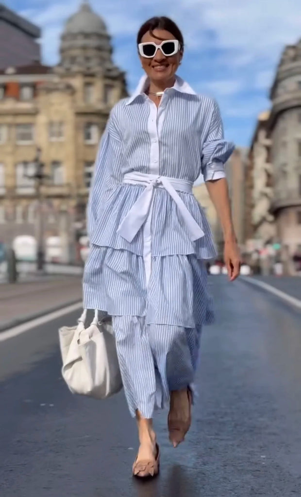 Fashion Polo Collar Striped Straps Overlapping Ruffles Dress