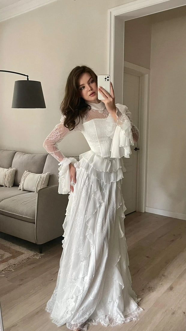 Sexy round Neck Sheer Mesh Lace Ruffles Lotus Leaf Long Dress