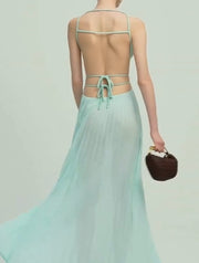 Pleated Tie Sleeveless Backless Solid Color Slim Fit Large Swing Dress