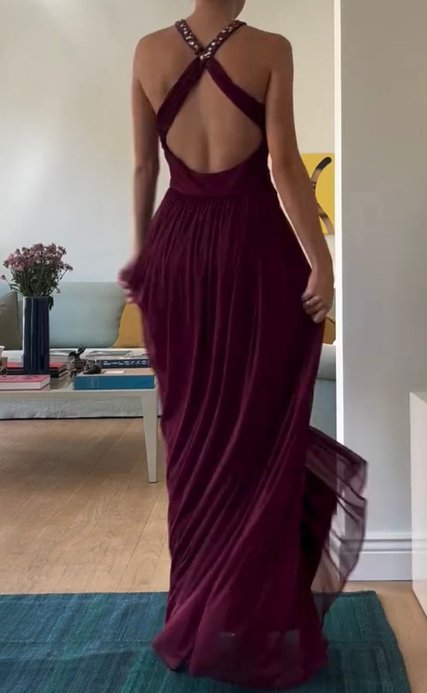 Sleeveless Cross Sexy Short Sleeve Backless Slit Maxi Dress