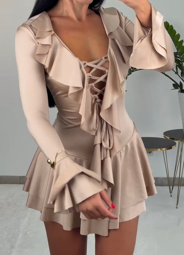 Temperament Slim Fit Ruffled Solid Color Speaker Long Sleeve Tied Dress