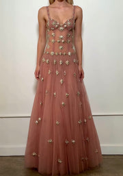 Sexy Sling Wrap Lace Metal Decoration Mesh Long Dress