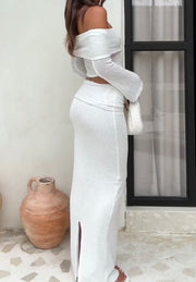 off-Shoulder Midriff-Baring Top Knitted Beach Suit Skirt