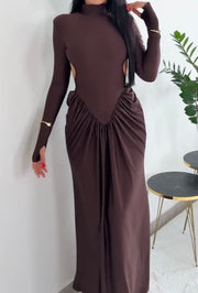 High Collar Wide Shoulder Stitching Mesh Backless Waist Pleated Long Dress