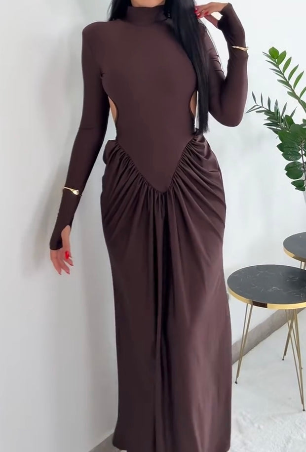 High Collar Wide Shoulder Stitching Mesh Backless Waist Pleated Long Dress