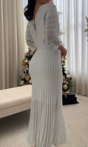 V-neck Long Sleeve Noble Dress Fishbone Pleated Dress