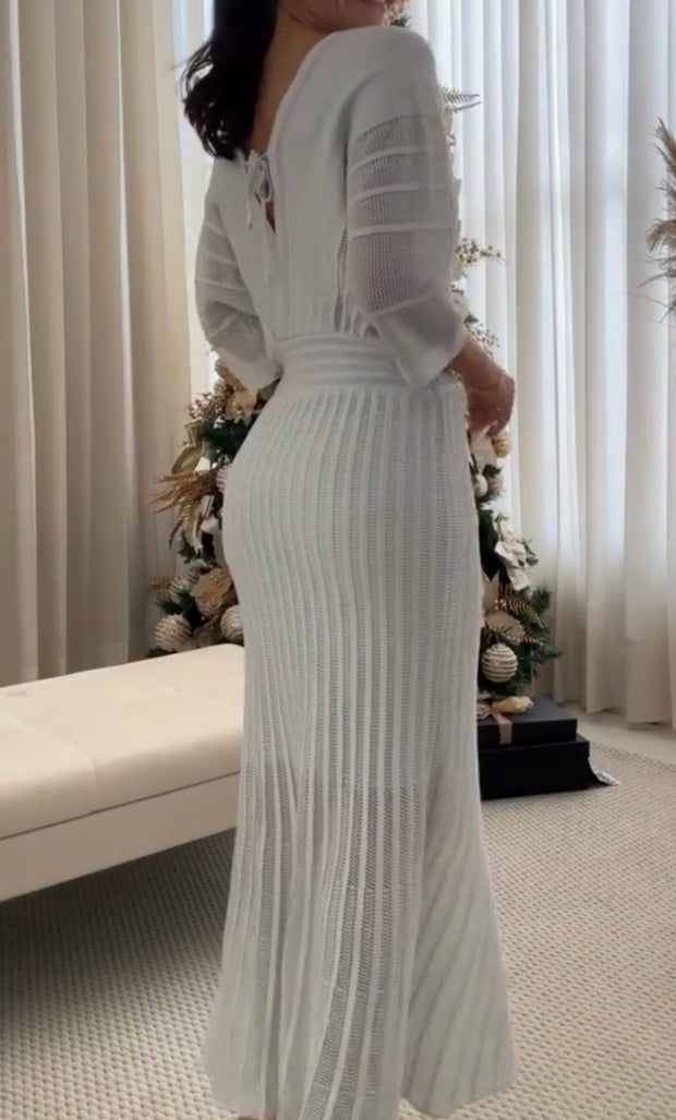 V-neck Long Sleeve Noble Dress Fishbone Pleated Dress