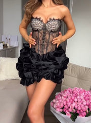 Ruffled Lace Stitching Hollow out See-through Dress