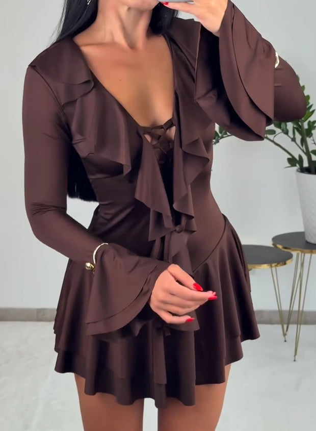 Temperament Slim Fit Ruffled Solid Color Speaker Long Sleeve Tied Dress