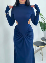 High Collar Wide Shoulder Stitching Mesh Backless Waist Pleated Long Dress