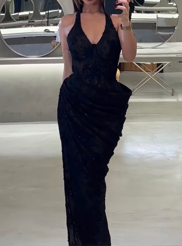 Lace Halter Pleated Dress