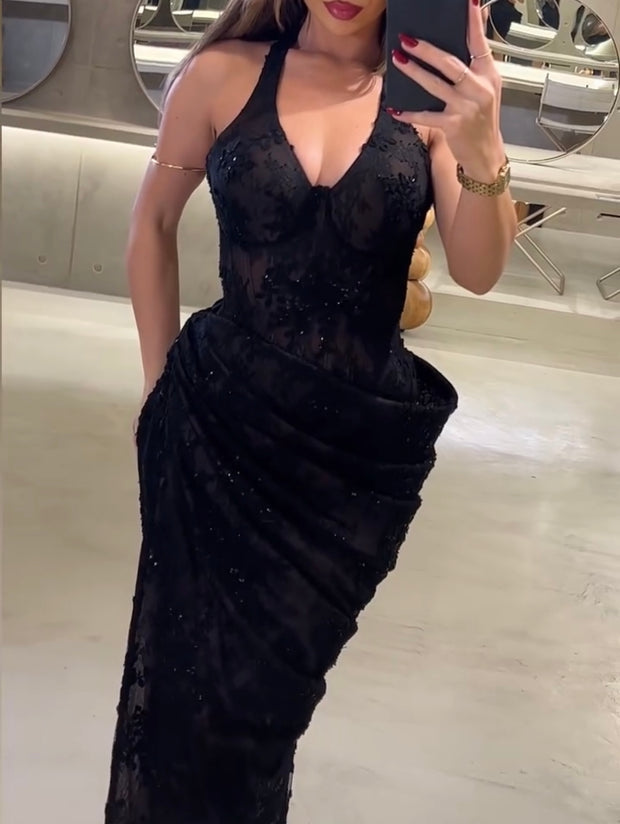 Lace Halter Pleated Dress