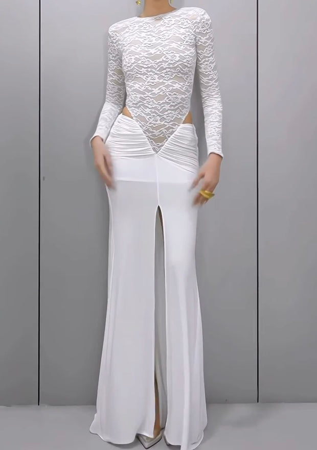 Elegant Long Sleeve Lace Hollow-out Stitching Mesh Split Hip Dress