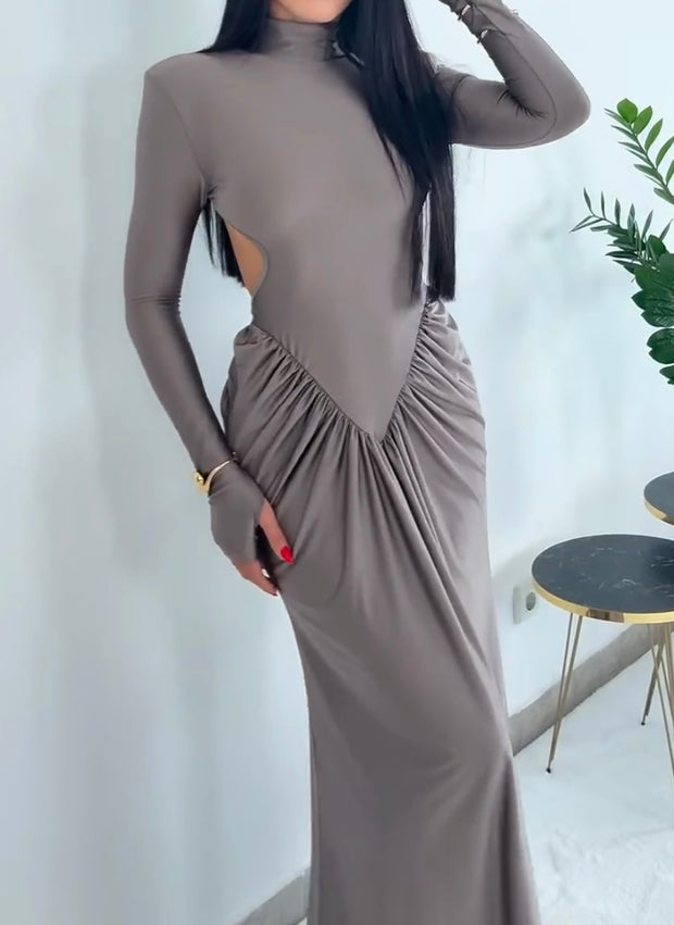 High Collar Wide Shoulder Stitching Mesh Backless Waist Pleated Long Dress