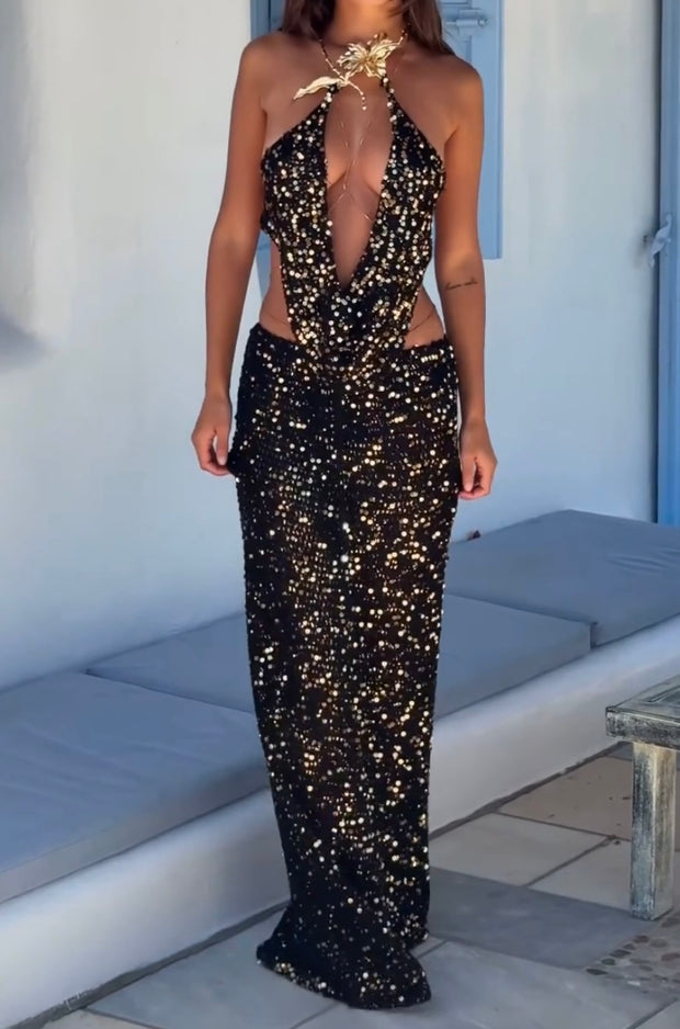 Sexy Halter Swing Collar Deep V-neck Hollow-out Sequined Dress Suit