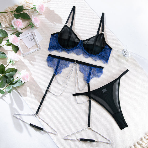 Underwear Lace Fabric Stitching Contrast Color Three-piece Set