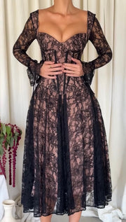 Fashion Lace Fishbone Stitching Long Sleeve Dress