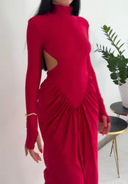 High Collar Wide Shoulder Stitching Mesh Backless Waist Pleated Long Dress