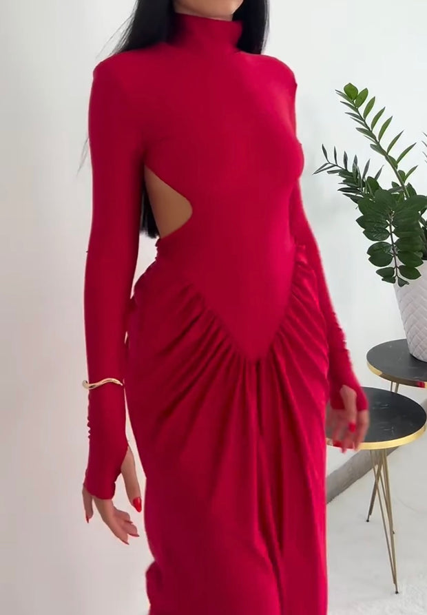 High Collar Wide Shoulder Stitching Mesh Backless Waist Pleated Long Dress