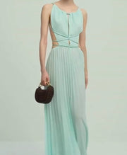 Pleated Tie Sleeveless Backless Solid Color Slim Fit Large Swing Dress